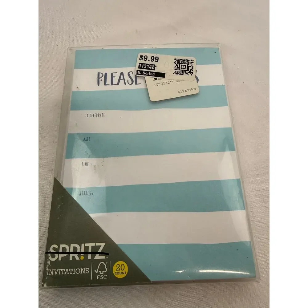 SKU2287 Spritz 20 Count Blue White Striped Party Invitations With Envelopes NIP